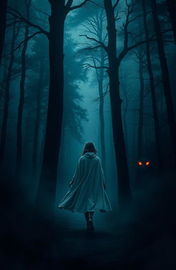 A lone woman in an elegant cloak walking into a dense, dark forest