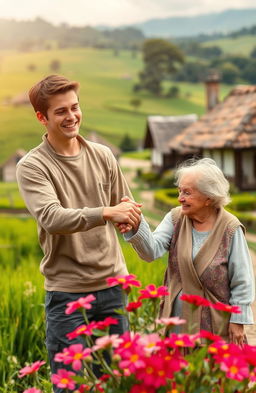 A heartwarming scene set in a peaceful village, featuring a young man with a gentle smile helping an elderly woman