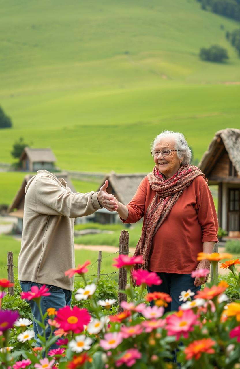 A heartwarming scene set in a peaceful village, featuring a young man with a gentle smile helping an elderly woman