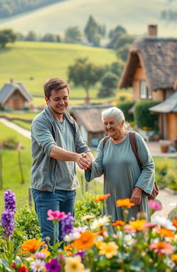 A heartwarming scene set in a peaceful village, featuring a young man with a gentle smile helping an elderly woman