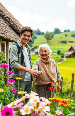 A heartwarming scene set in a peaceful village, featuring a young man with a gentle smile helping an elderly woman