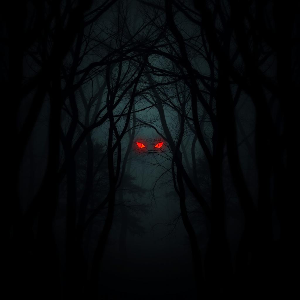 A captivating scene set in dark, dense woods, shrouded in mystery