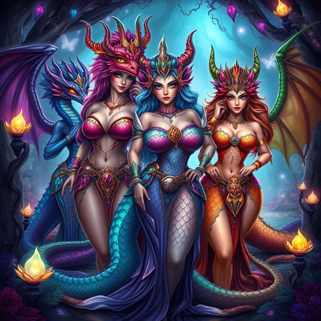 A vibrant, fantastical illustration of voluptuous dragon women, showcasing their beauty and confidence