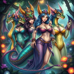 A vibrant, fantastical illustration of voluptuous dragon women, showcasing their beauty and confidence