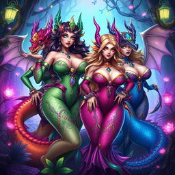 A vibrant, fantastical illustration of voluptuous dragon women, showcasing their beauty and confidence