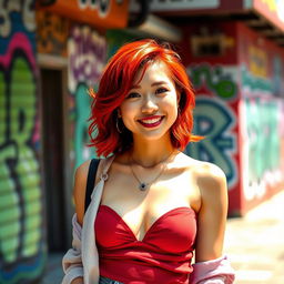 A young Chinese woman with bright red hair styled in loose waves, wearing a stylish outfit that highlights her medium-sized breasts