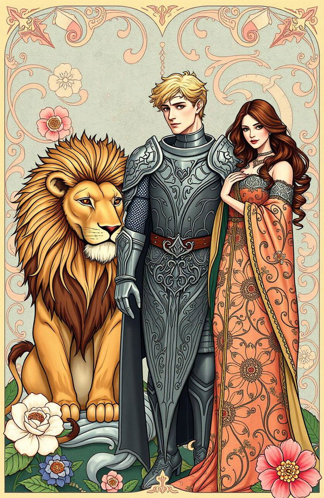 A fantasy book cover illustrated in the art nouveau style, featuring a heroic blond knight prominently in the center