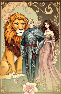 A fantasy book cover illustrated in the art nouveau style, featuring a heroic blond knight prominently in the center