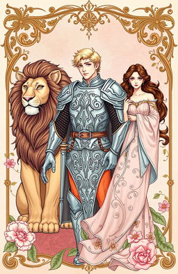 A fantasy book cover illustrated in the art nouveau style, featuring a heroic blond knight prominently in the center