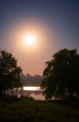 A serene and mystical scene under a full moon, featuring a tranquil landscape illuminated by the soft, silvery light of the moon
