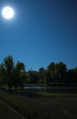 A serene and mystical scene under a full moon, featuring a tranquil landscape illuminated by the soft, silvery light of the moon