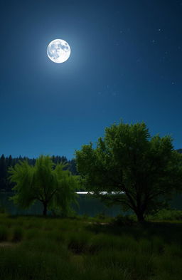 A serene and mystical scene under a full moon, featuring a tranquil landscape illuminated by the soft, silvery light of the moon