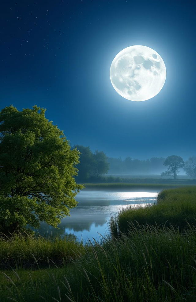 A serene and mystical scene under a full moon, featuring a tranquil landscape illuminated by the soft, silvery light of the moon