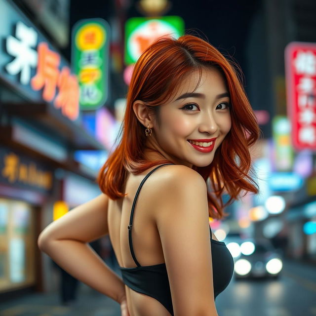 A young Chinese woman with striking red hair, showcasing an alluring pose with her hips accentuated, emphasizing her curvy figure