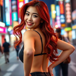 A young Chinese woman with striking red hair, showcasing an alluring pose with her hips accentuated, emphasizing her curvy figure
