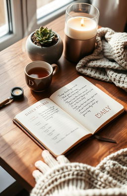 An aesthetically pleasing Daily Gratitude Journal on a wooden table, open to a page filled with beautifully handwritten notes of thankfulness