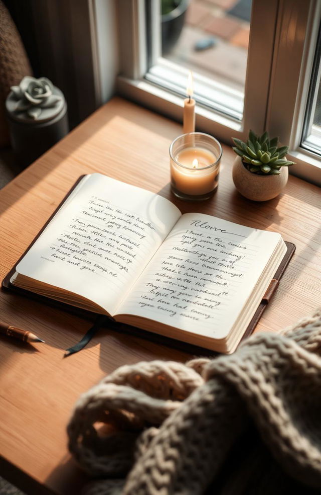 An aesthetically pleasing Daily Gratitude Journal on a wooden table, open to a page filled with beautifully handwritten notes of thankfulness