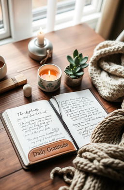 An aesthetically pleasing Daily Gratitude Journal on a wooden table, open to a page filled with beautifully handwritten notes of thankfulness