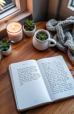 An aesthetically pleasing Daily Gratitude Journal on a wooden table, open to a page filled with beautifully handwritten notes of thankfulness