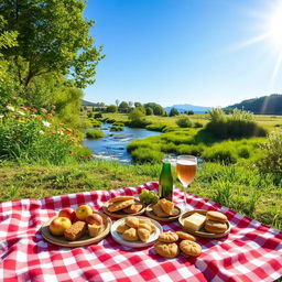 A serene and picturesque outdoor scene featuring a peaceful natural landscape