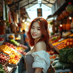 A young Korean woman with striking red hair, confidently posing in a lively market scene