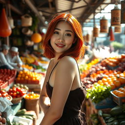 A young Korean woman with striking red hair, confidently posing in a lively market scene