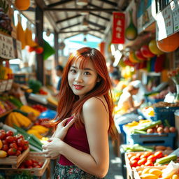 A young Korean woman with striking red hair, confidently posing in a lively market scene