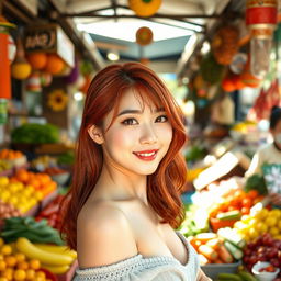 A young Korean woman with striking red hair, confidently posing in a lively market scene