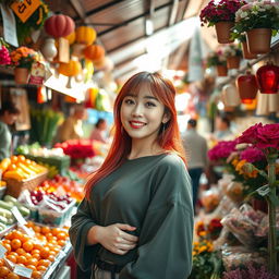 A young Korean woman with vibrant red hair, radiating confidence in a lively market