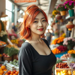 A young Korean woman with vibrant red hair, radiating confidence in a lively market