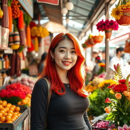 A young Korean woman with vibrant red hair, radiating confidence in a lively market