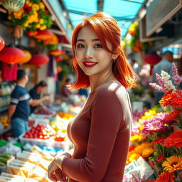 A young Korean woman with vibrant red hair, radiating confidence in a lively market