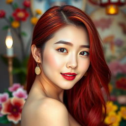 A young Korean woman with vibrant red hair, confidently displaying her beauty in a striking pose