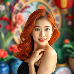 A young Korean woman with vibrant red hair, confidently displaying her beauty in a striking pose