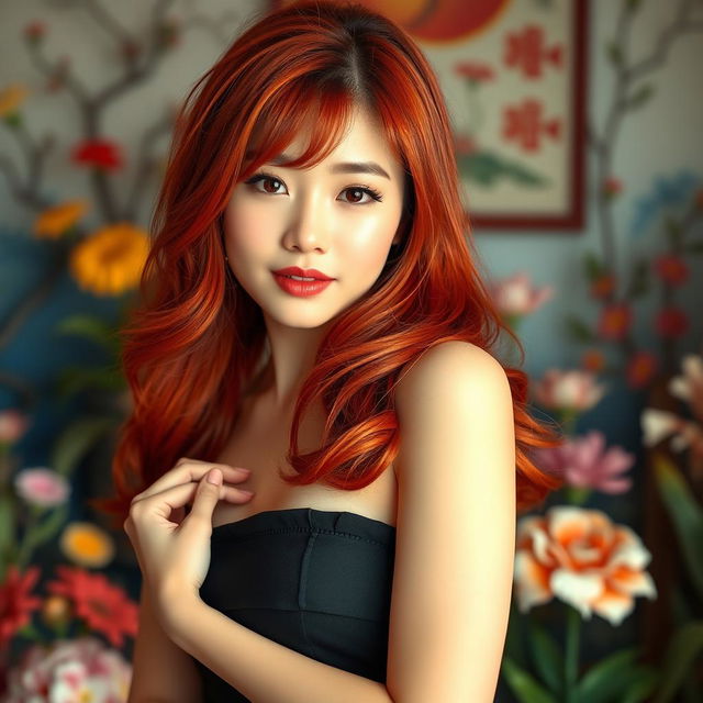 A young Korean woman with vibrant red hair, confidently displaying her beauty in a striking pose