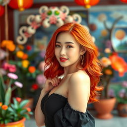 A young Korean woman with vibrant red hair, confidently displaying her beauty in a striking pose