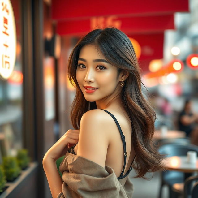 A stunning Korean woman showcasing her beauty with a confident posture