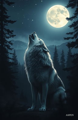 A majestic wolf howling into the moonlit night amidst a dense, shadowy forest