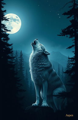 A majestic wolf howling into the moonlit night amidst a dense, shadowy forest