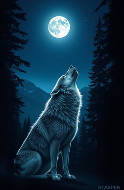 A majestic wolf howling into the moonlit night amidst a dense, shadowy forest