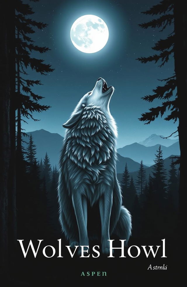 A majestic wolf howling into the moonlit night amidst a dense, shadowy forest