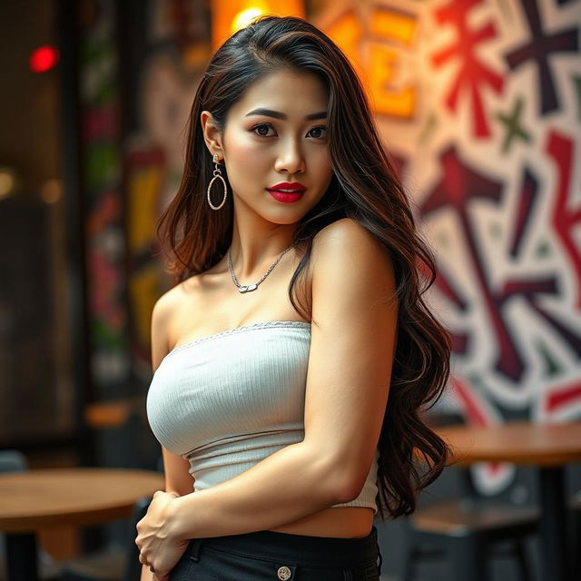 A beautiful Korean woman with a curvy figure, showcasing her confidence and allure