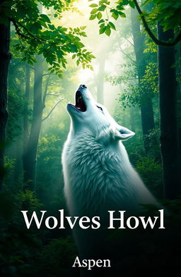 A realistic white wolf howling majestically in a dense, lush forest filled with towering trees and vibrant greenery