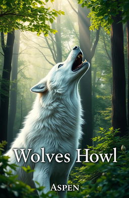 A realistic white wolf howling majestically in a dense, lush forest filled with towering trees and vibrant greenery