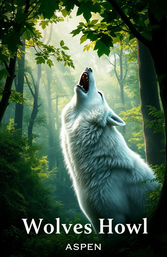 A realistic white wolf howling majestically in a dense, lush forest filled with towering trees and vibrant greenery