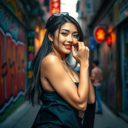 A strikingly beautiful Chinese woman confidently posing, with an alluring and playful demeanor