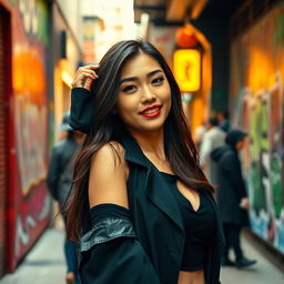 A strikingly beautiful Chinese woman confidently posing, with an alluring and playful demeanor