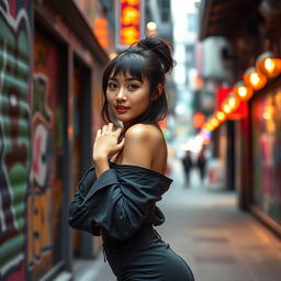 A strikingly beautiful Chinese woman confidently posing, with an alluring and playful demeanor