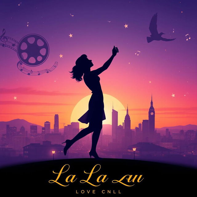 A vibrant and artistic movie poster for the film 'La La Land', featuring a dreamy city skyline at twilight with a gradient of purple and orange hues in the sky