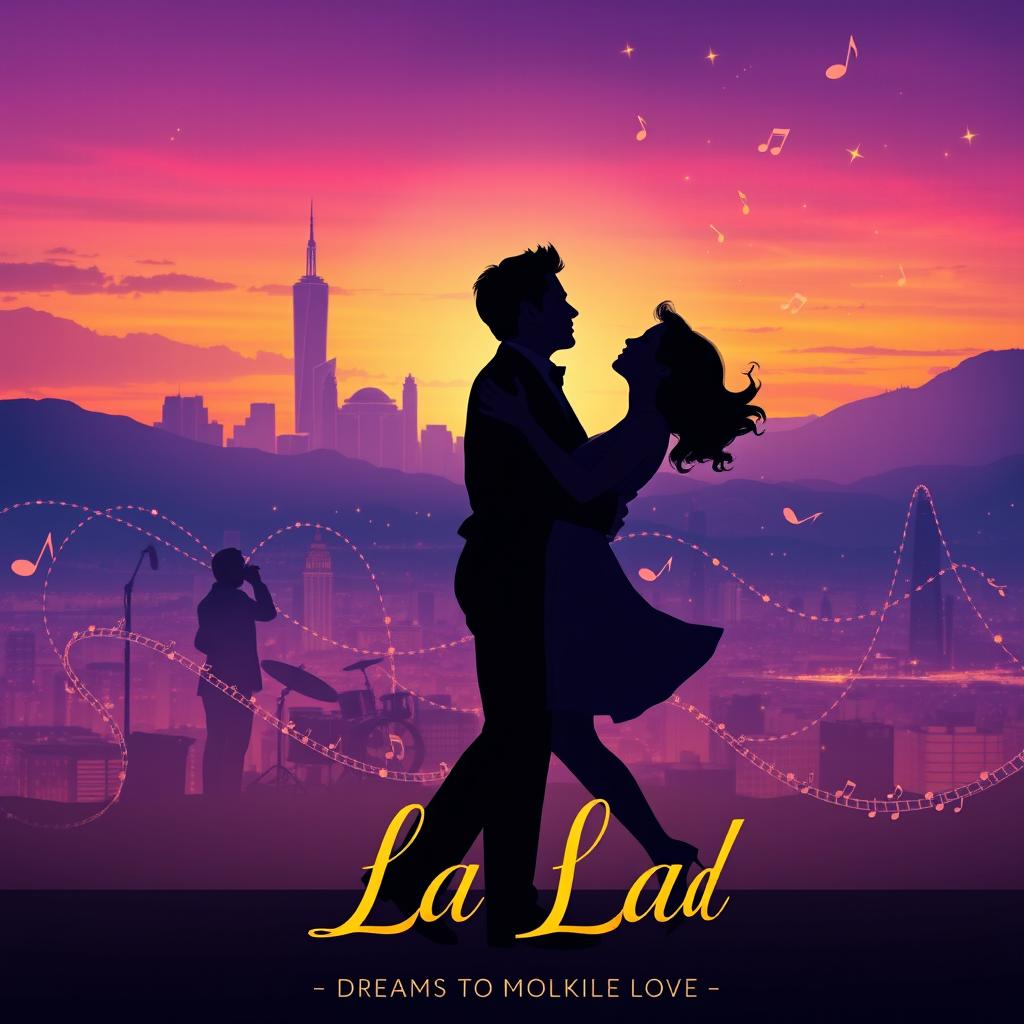 A vibrant and artistic movie poster for the film 'La La Land', featuring a dreamy city skyline at twilight with a gradient of purple and orange hues in the sky